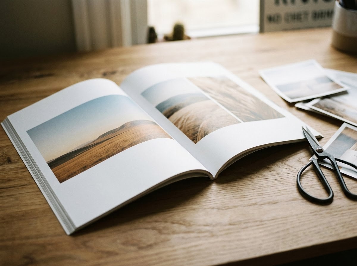 Ahşap masa üzerinde açık bir editoryal dergi sayfası